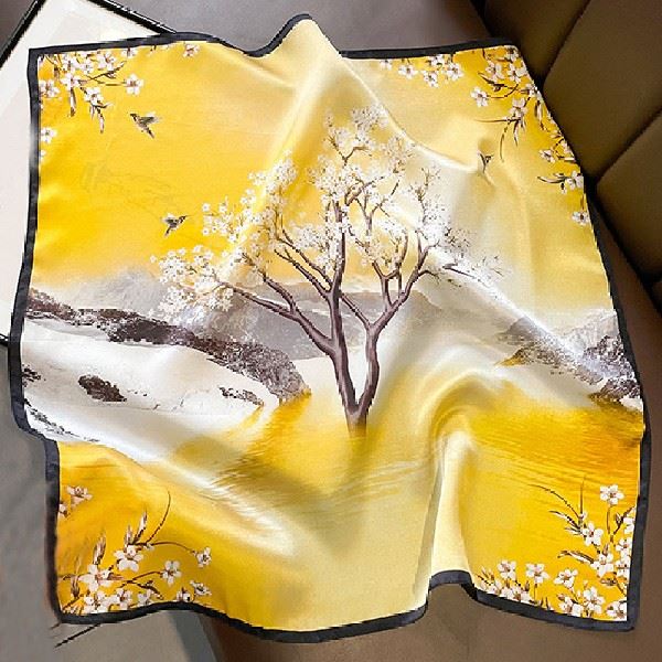 New Big Tree Yellow High-Grade Printed Mulberry Silk Scarf